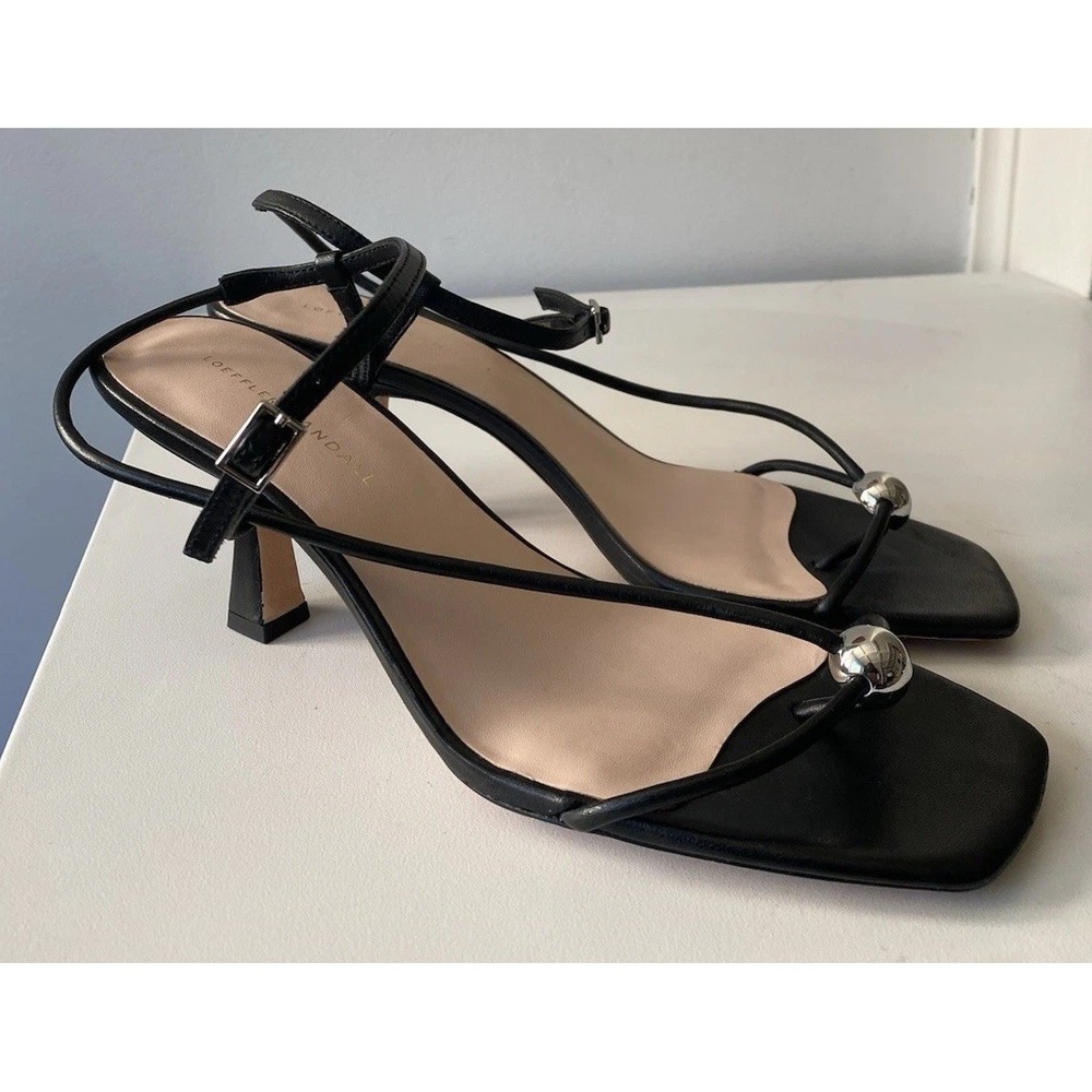 Loeffler Randall Triana Black Leather Strappy Mid Heel Silver Ball Sandals 9 - Picture 3 of 7